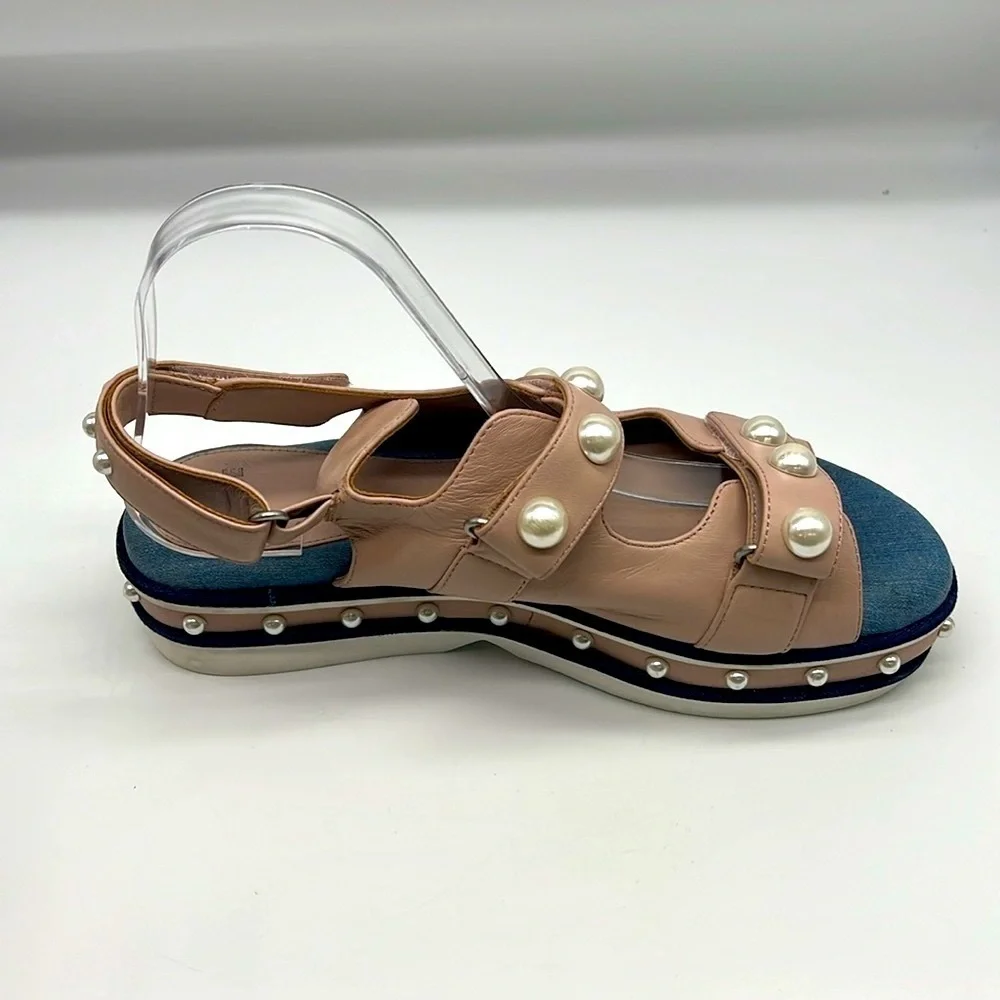Clone - Diamond Nappa Pink Leather Platform Strap Stud Pearl Sandal Size 41
